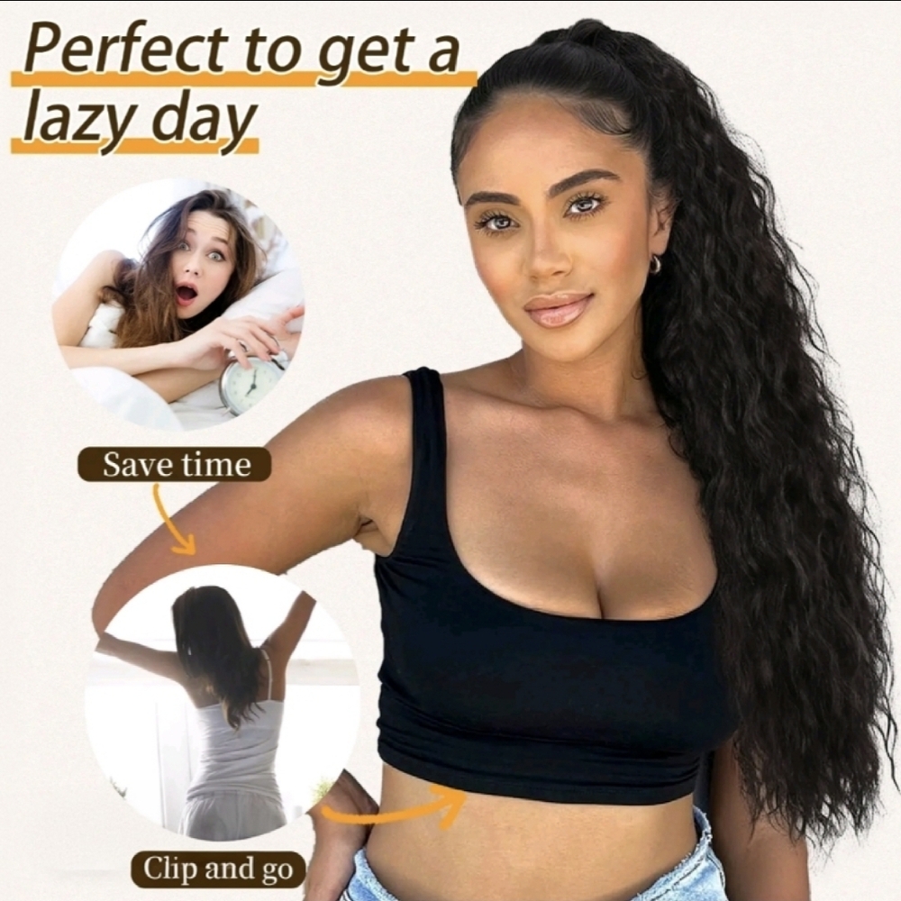 Luxurious Black Wavy Clip On Hair Extension Ponytail - Picture 3 of 5